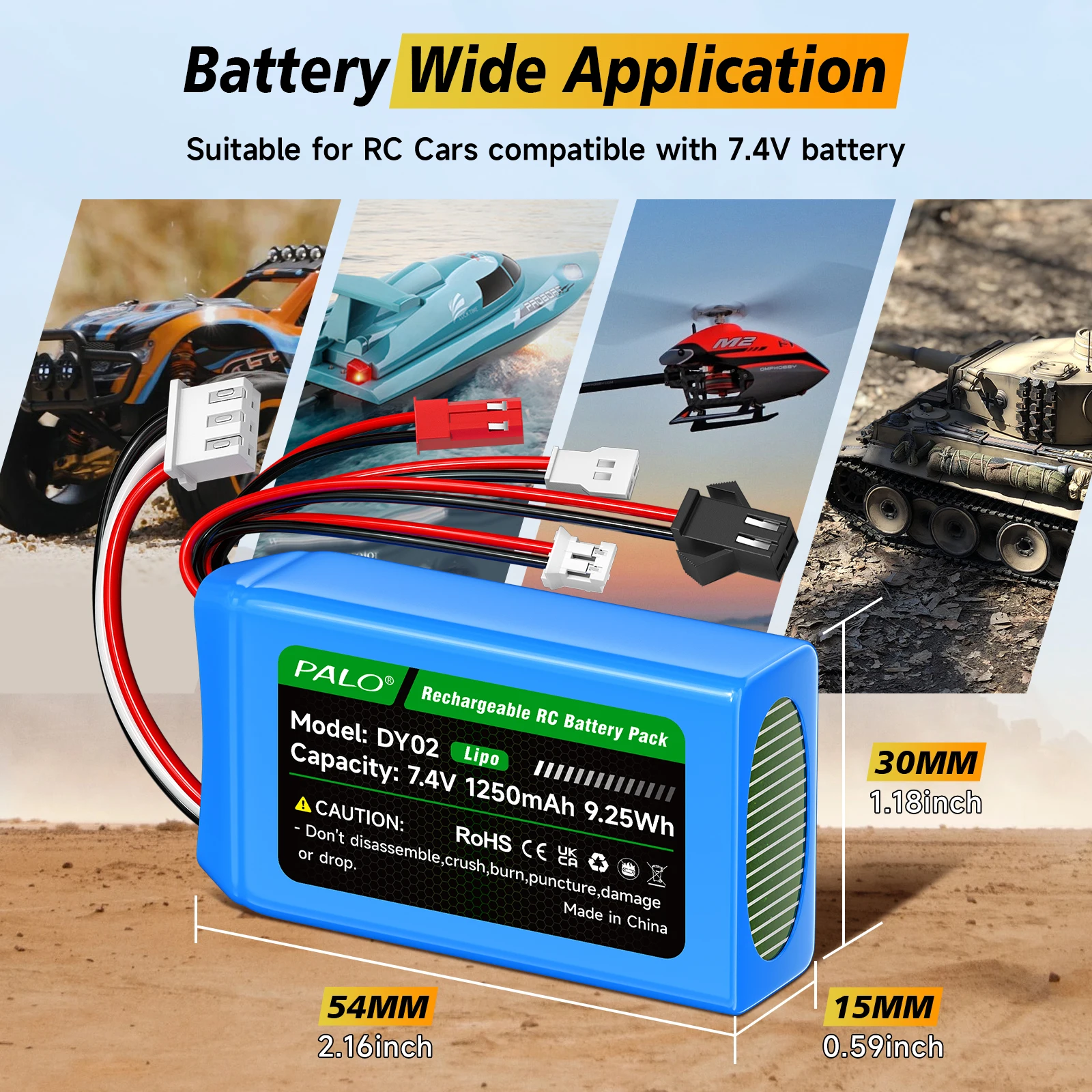 7.4V 1250mAh Rechargeable Battery with JST Plug & PH2.0 & SM-3P & MX2.0 Plug Battery for WLtoys RC Cars A949 A959 A969 A979 K929