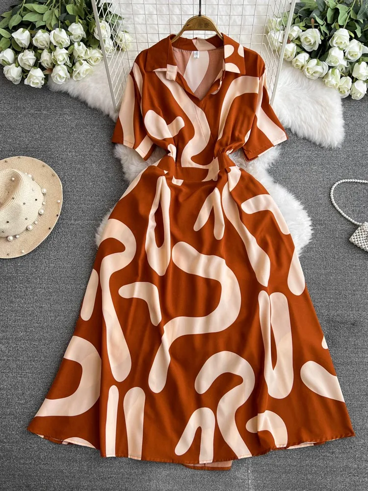 Summer Women Printed Long Dress Vintage Turn-Down Collar Short Sleeve A-Line Maxi Vestidos Female Elegant Casual Robe 2024 New