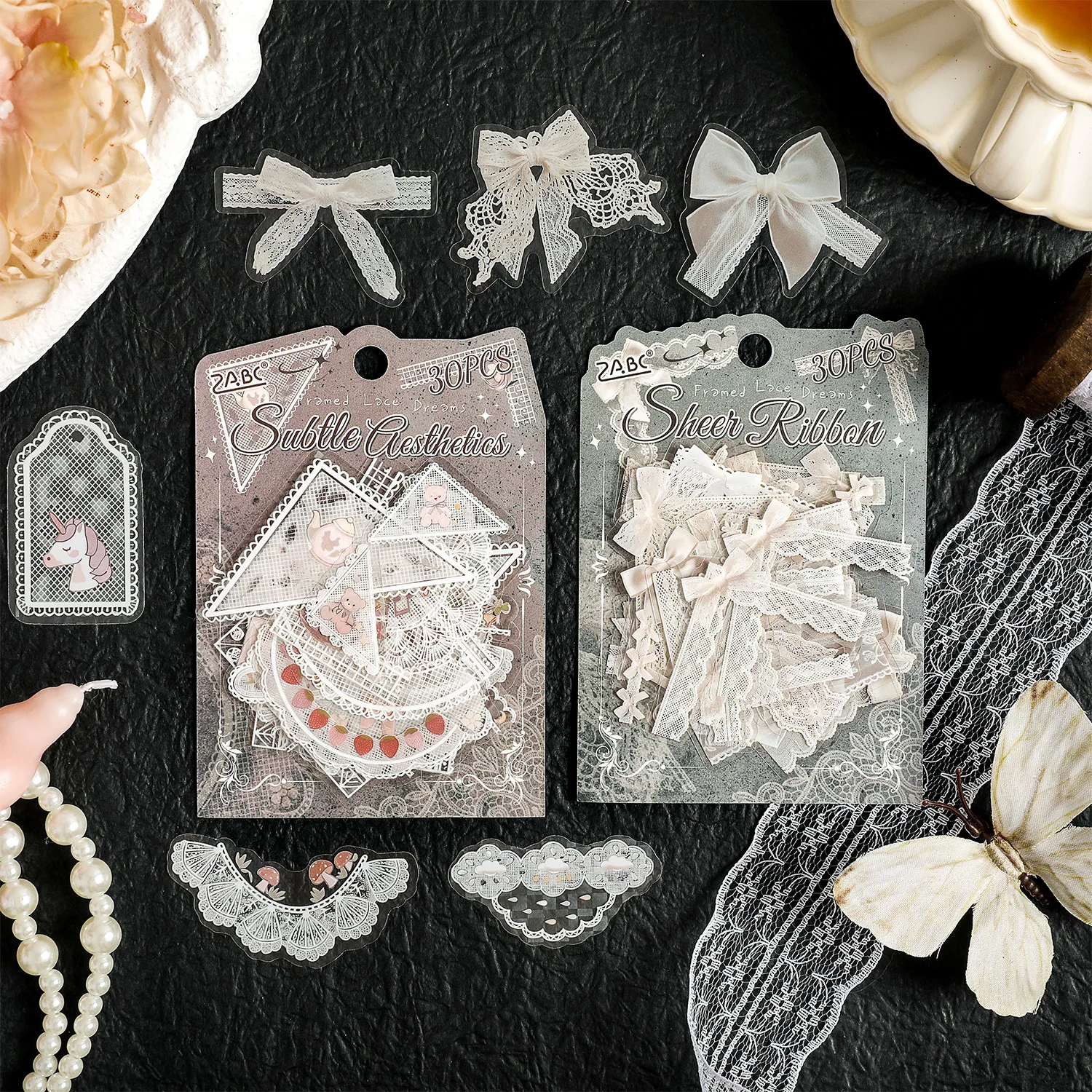 30 sheets Delicate Lace Waterproof Sticker, Elegant Lace Motif Journal Collage Stickers for DIY Notebook Photo Album Decoration