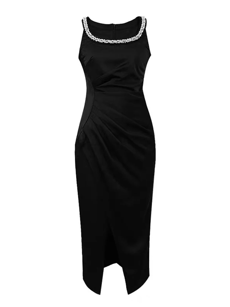 Dames elegante mode luxe lange jurken chique diamanten laag uitgesneden plooien hoge split zwarte jurk feestjurk prom vestidos banket