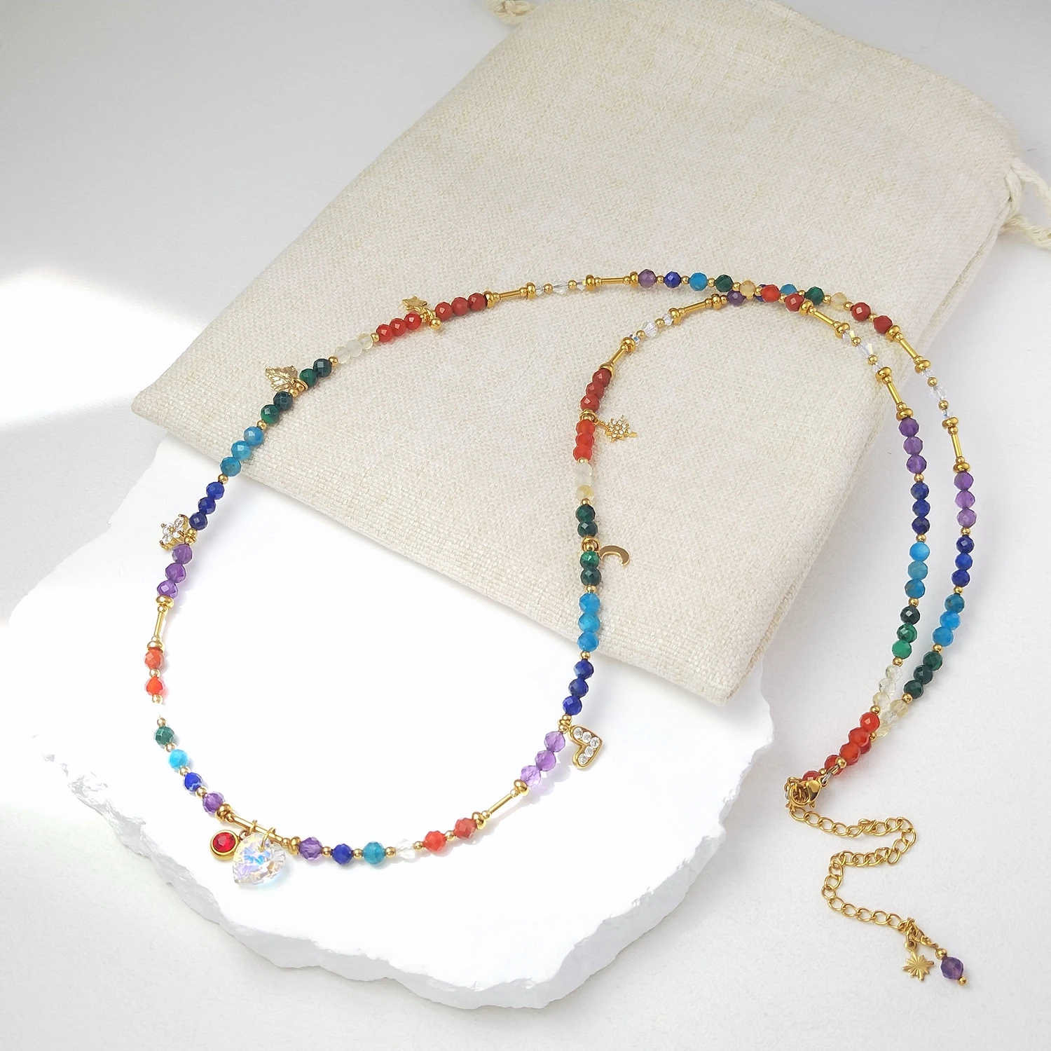 Lii Ji 4mm Facted Beads 7 Chakras Stainless Steel Waist Chain 76+10cm Natural Stone Jewelry