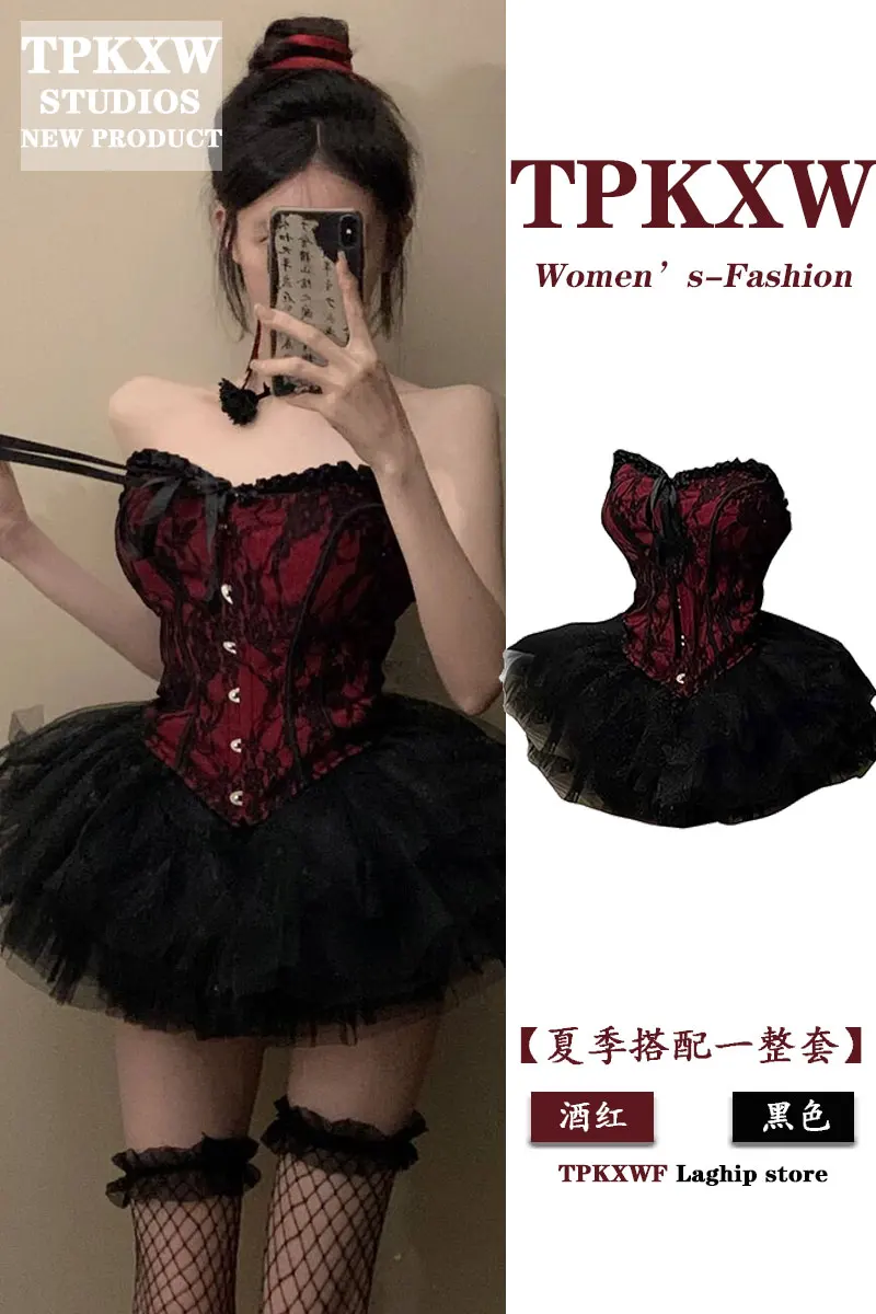 

Girls Hot Red/black Dress Suit Hot Summer Fluffy Skirt Black And Red Bra Vest Sexy Lace Outerwear And Waistband Vest Spicy Set