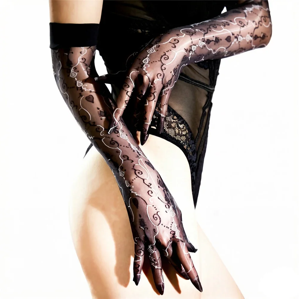 Fashion Printing Women's 1D Thin Gloves Oil Shiny Elastic Five Finger Gloves Sheer See Through Driving Dance Party Gloves