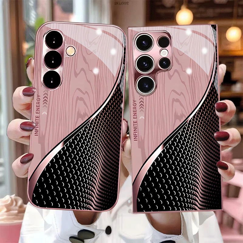 Black Curved Texture Electroplated Pink Phone Case For Samsung Galaxy S26 Ultra S25 Edge S24 FE S23 Plus S22 S21 25+ Glass Cover