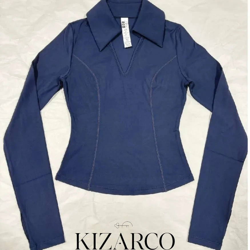 Trendy Navy Women's Long Sleeve Running Shirt Ideal for Running, Yoga and Pilates High Waist Tummy Control Seamless Ribbed Fit
