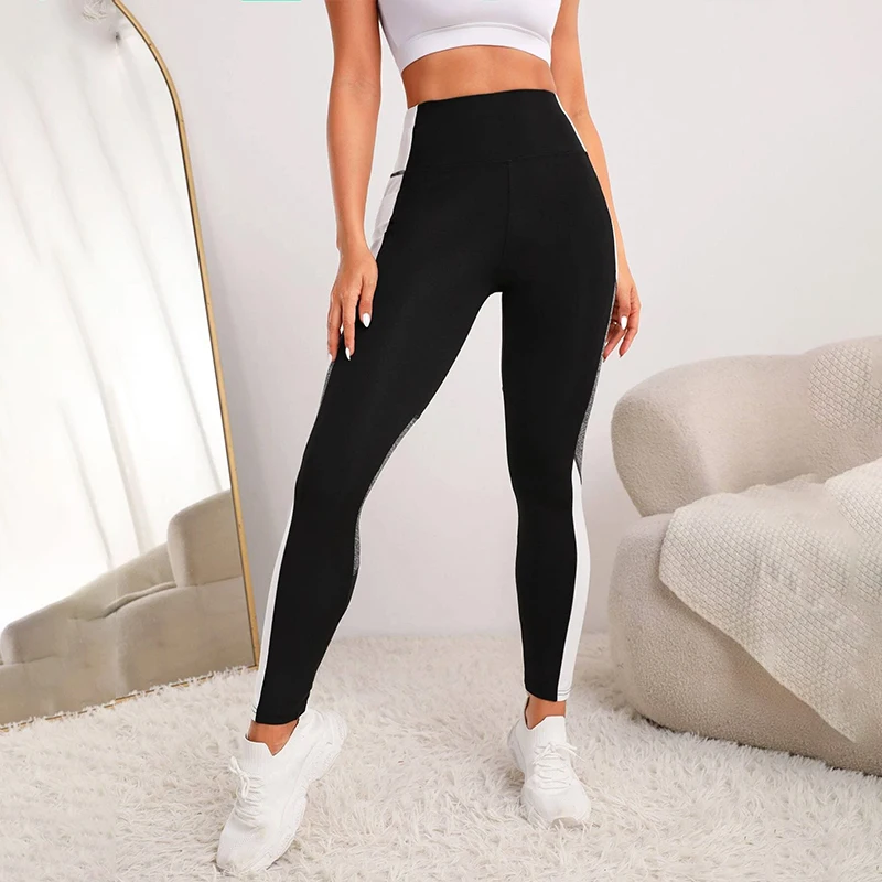 Pantalones de Yoga de cintura alta con bolsillos para mujer, Leggings de entrenamiento con Control de barriga, color bloqueado