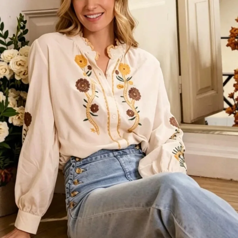 Vintage Bohemian Embroidered Shirt Women's Fungus Edge Stand-Up Collar Lantern Sleeve Top Vacation Style Women's Clothing