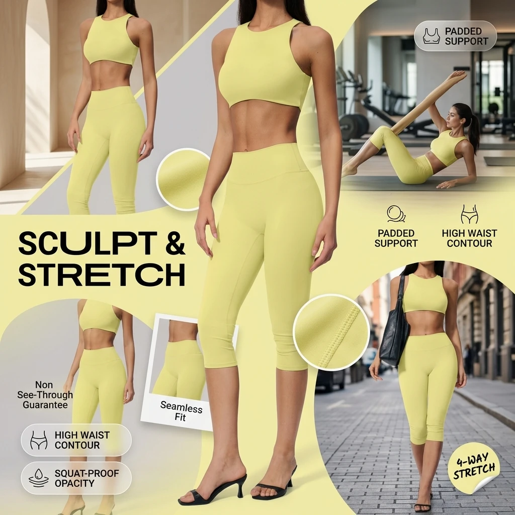 2PC Yoga Bra + High Waist Capri Set, Padded, Squat Proof, 4-Way Stretch, Pilates