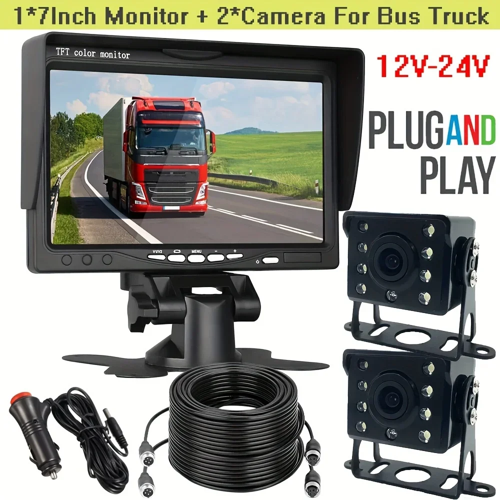 QueenDer 7inch Monitor 2x Backup Camera 12-24V 8LED IR Rear/Front/Left/Right  Camera HD Display Full Set Parking Reverse Syste