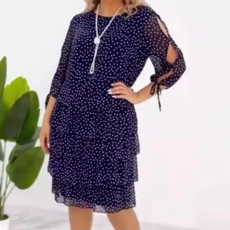 Plus Size Women Dress Short Sleeve Dot Printed Loose Party Dress Women Casual Pleated Design Holiday Summer Midi Dress