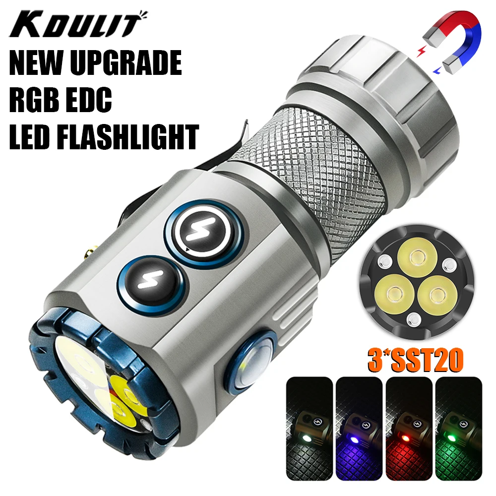 New RGB Powerful LED Flashlight Type-c Rechargeable Mini EDC Tactical Torch with Tail Magnet Emergency Fishing Camping Lantern