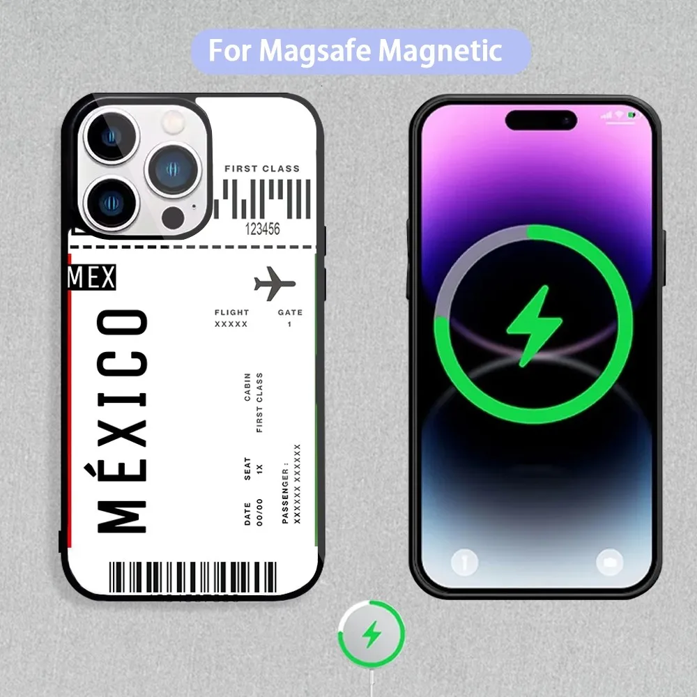 Funda de teléfono con etiqueta de billete de viaje para carga inductiva magnética iPhone 11 12 13 14 15 Max Pro Mini Plus Shell