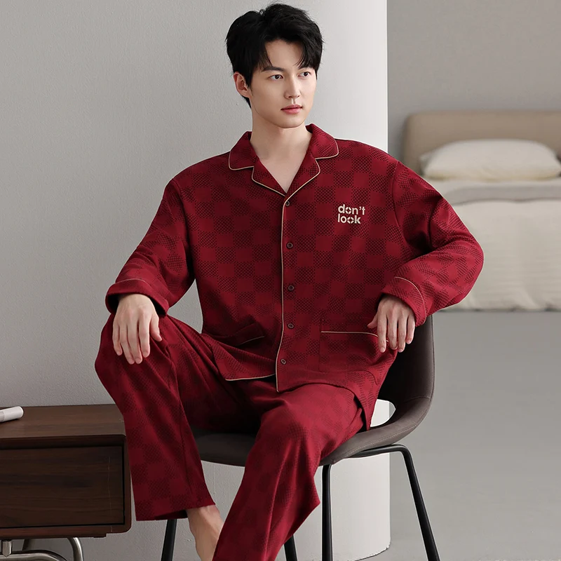 High Quality Big Size M-4XL Men Pajamas Set 100% Cotton Sleepwear Male Autumn Long Sleeve Turn-down Collar Pyjamas