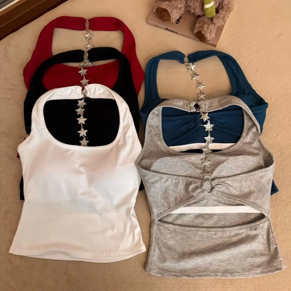

Star Strap Back Hollow Crop Tops Short With Chest Pads Slim Y2k Crop Top Backless Spicy Girl Style Sleeveless Camisole Women