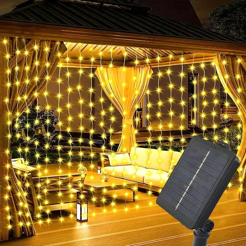 100 LED Outdoor Solar Curtain Lights Waterproof Copper Wire Silver Lights 8 Modes Fairy Light For Home Christmas Party Decor