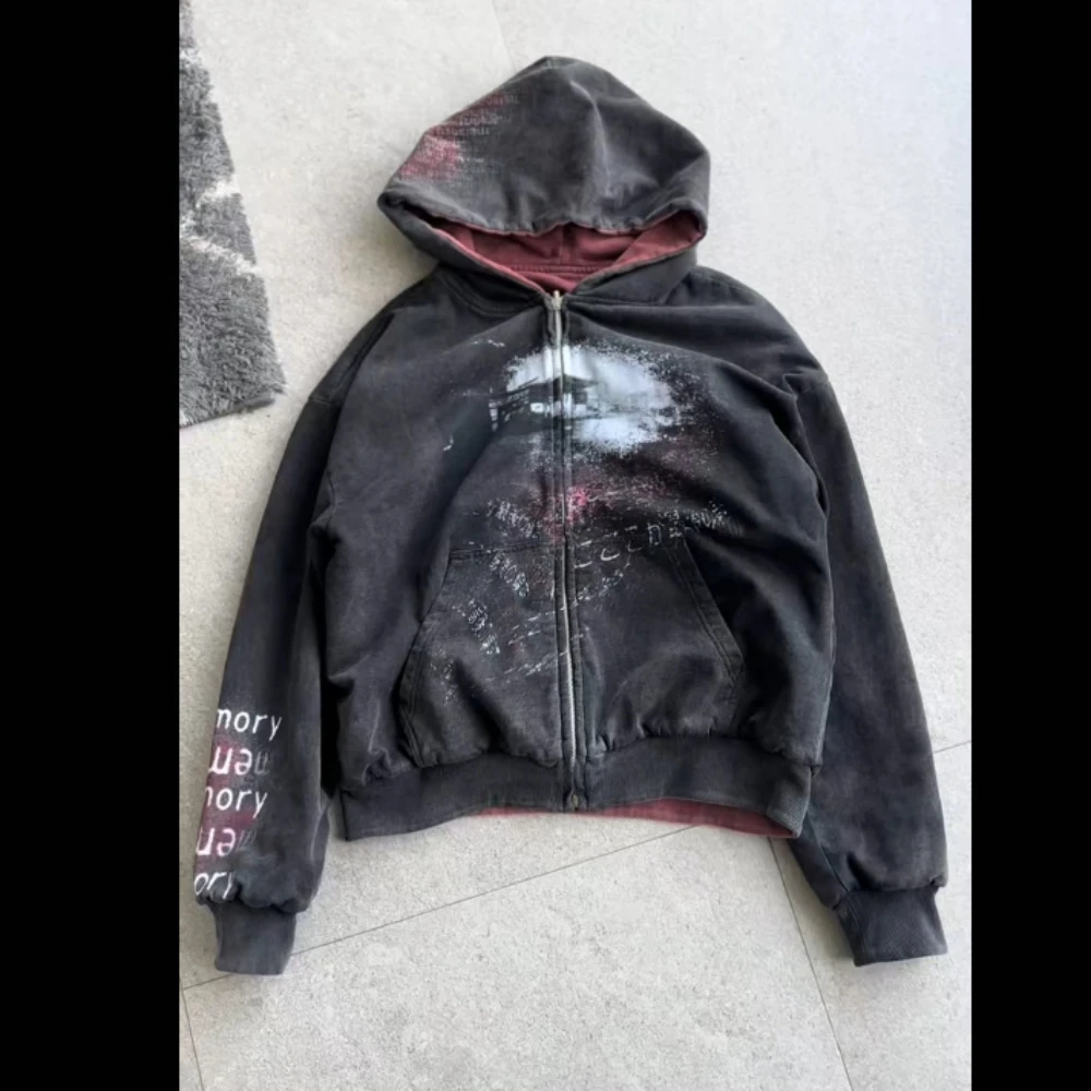 Double-Sided Hooded Zipper Sweatshirt American Patchwork Cardigan Insulated Casual Jacket Outerwear Printed Autumn Winter