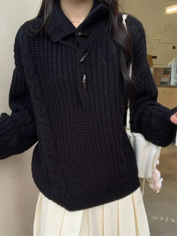 

Korean Sle High Collar Knitted Sweater Coat Women's Winter Faion Casual Versatile Twisted Knit Top Cow Horn Button Design