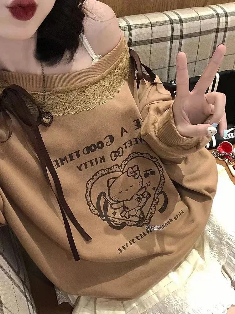 

Y2K Sanrio Hello Kitty Sweatshirt Cute Lace Off-shoulder Top Cartoon Sweet Cool Sexy Girl Long Sleeve Jacket Girly Heart Gifts