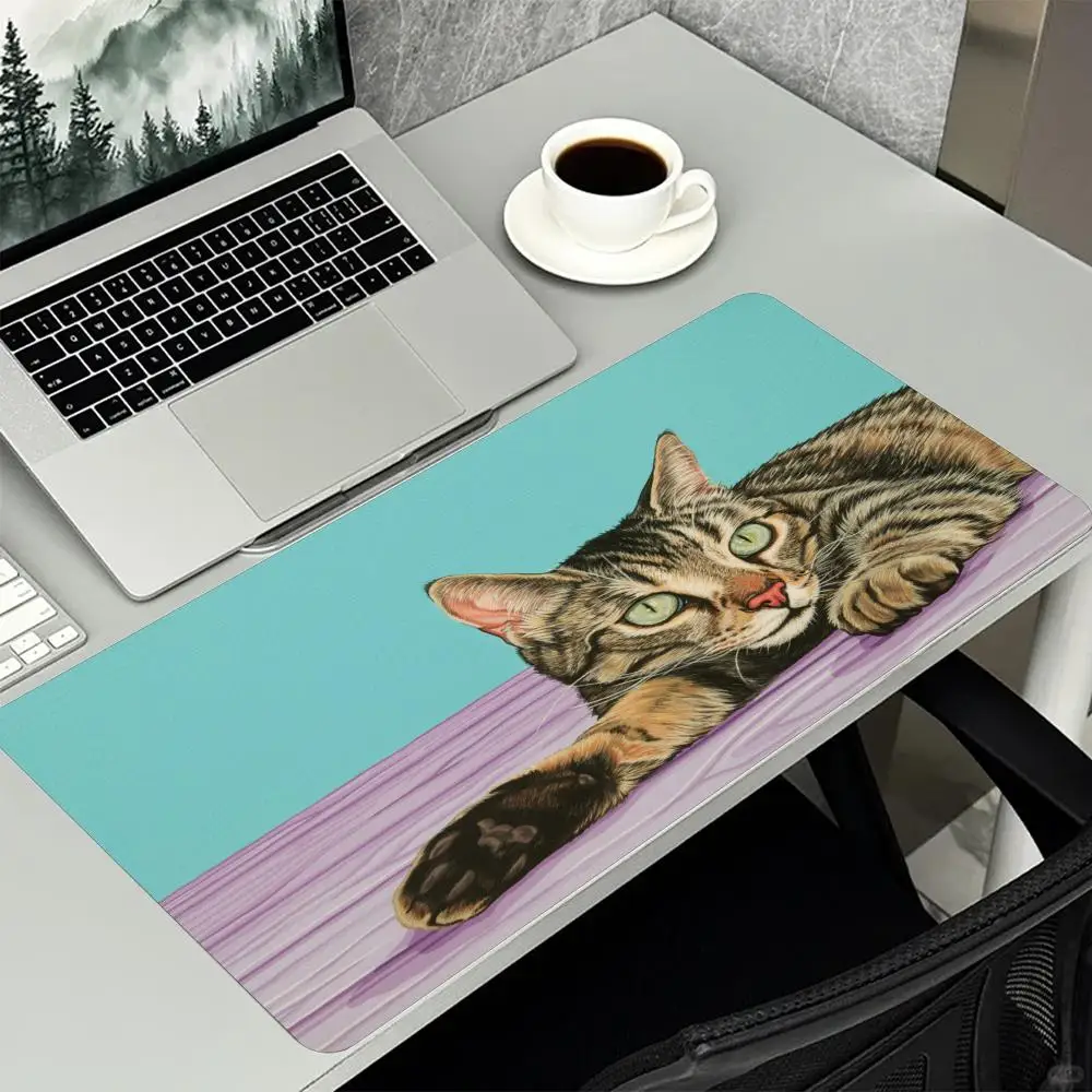 Tabby Cat Face Green Eyes Cute XXL Mouse Pad Non Slip Rubber Base HD Print Oversized Desk Mat for Cat Lovers Gaming Desk