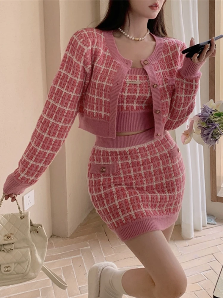 Sweet Three Piece Set Women Sweater Cardigan + Camisole + Skirt Sets Fashion Knit 3pcs Suits Ensemble Femme Conjuntos Feminino