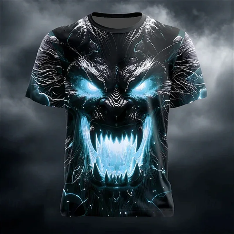 2026 New Men's Summer Round-neck T-shirt Outdoor Loose and Casual Short-sleeved Retro Men's Scary Ghost Face Print T-shirt