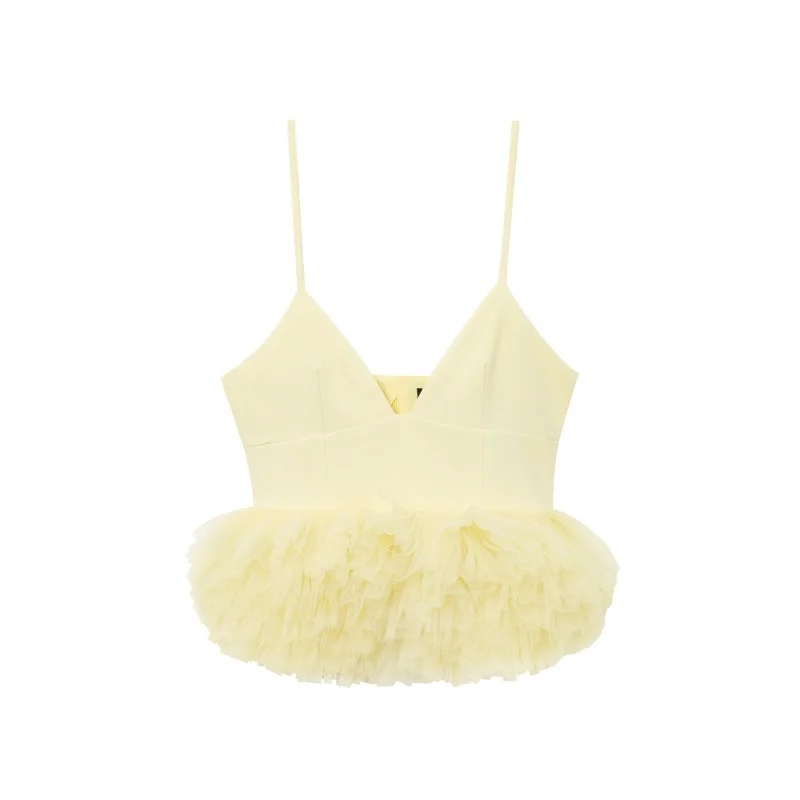 Women’s Summer Versatile Sexy Cute Fashion Light Yellow V Neck Spaghetti Strap Fluffy Hem Playful Young Outfit