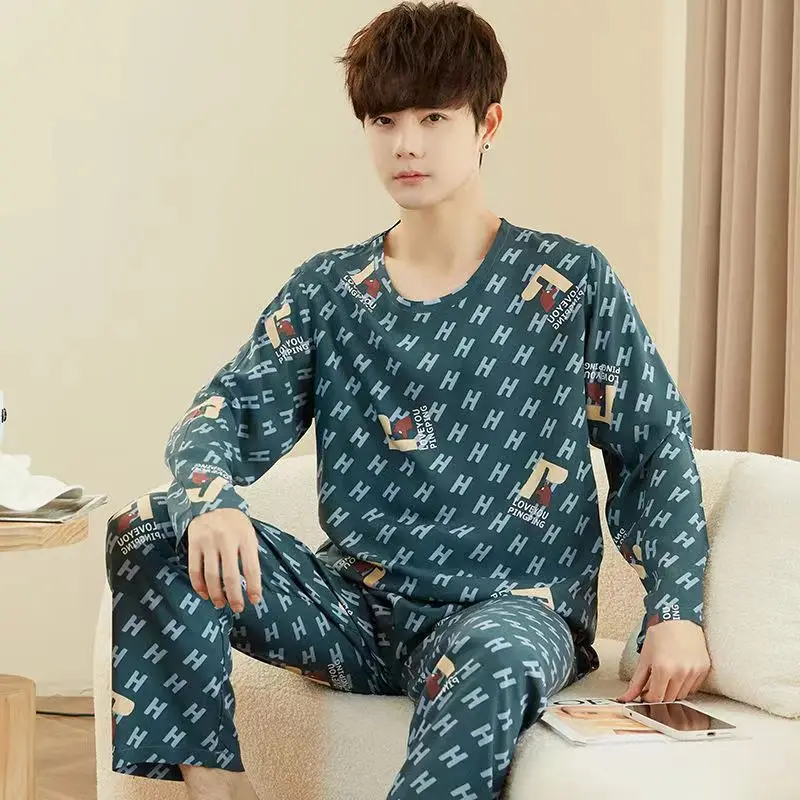 Men Pajamas Long-Sleeved Long Trousers Autumn and Winter Large Size Homewear Two-Piece Set Sleepwear Loungewear Youth Nightwear