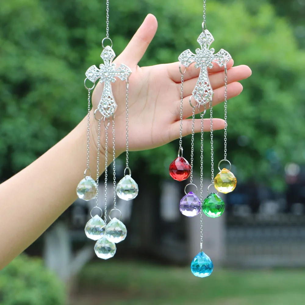 Window Hanging Crystals Suncatcher,Rainbow Prisms Pendant for Crystals Metal Cross Shape Wind Chimes for Window