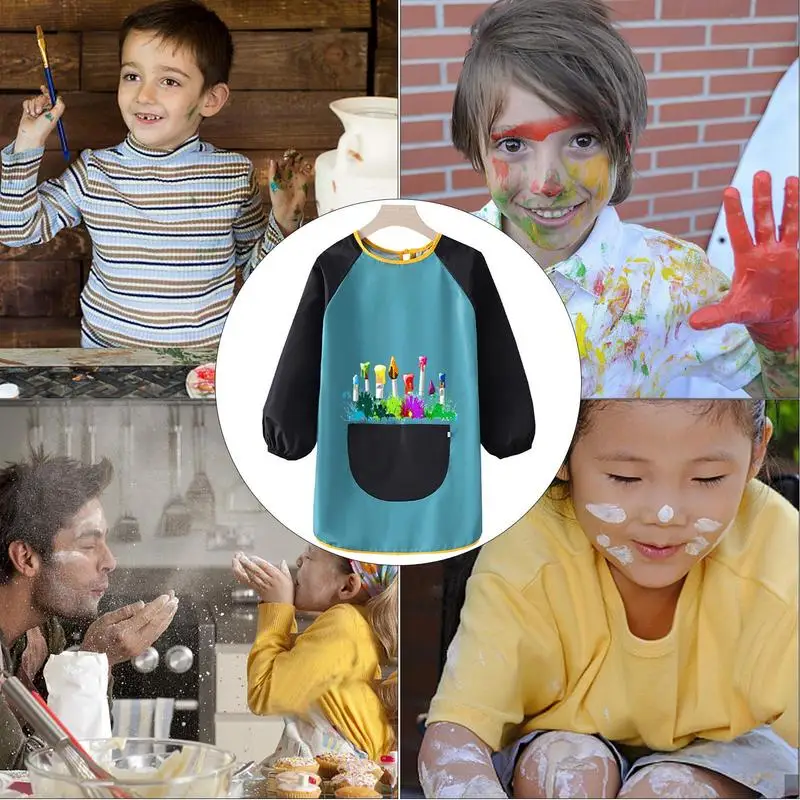 Paint Apron For Kids Long Sleeve Polyester Art Aprons Adjustable Waterproof Comfortable Kids Smocks With Big Pocket For Writing