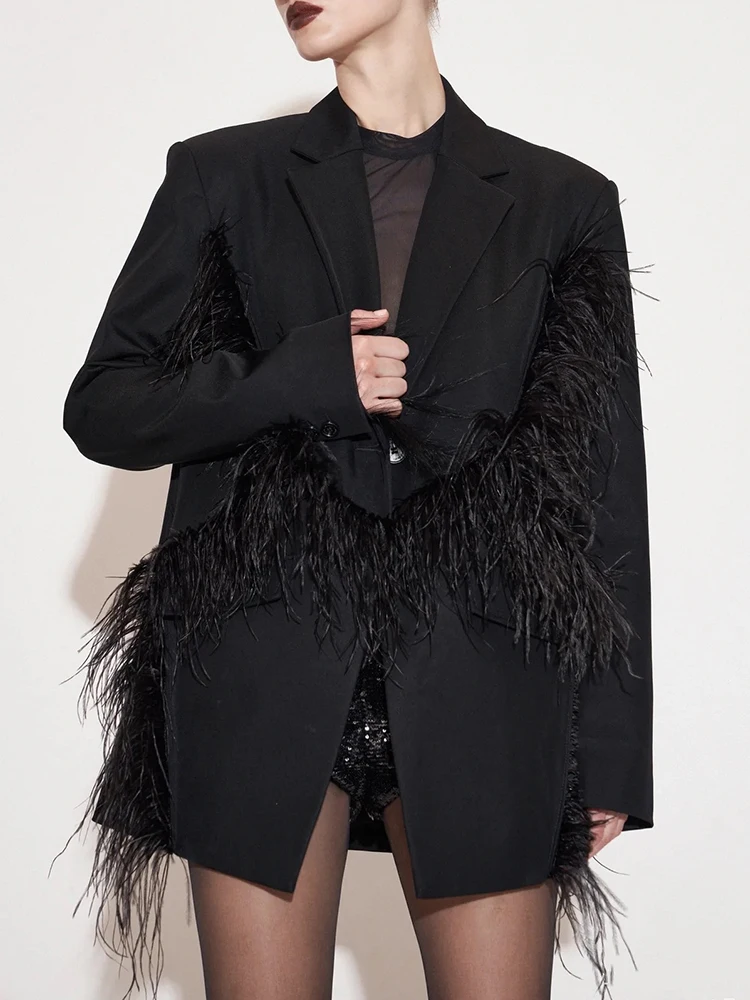 2026 Autumn and Winter Women's Clothing Retro Color Block Feather Lapel Long Sleeve Blazer Fashion Versatile Loose Jacket Top