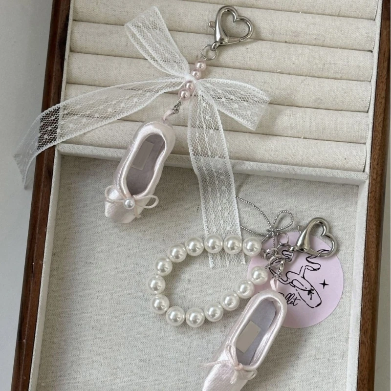 Fashionable Ballet Shoe Keychain with Intricate Lace and Pearls for Women Dropship