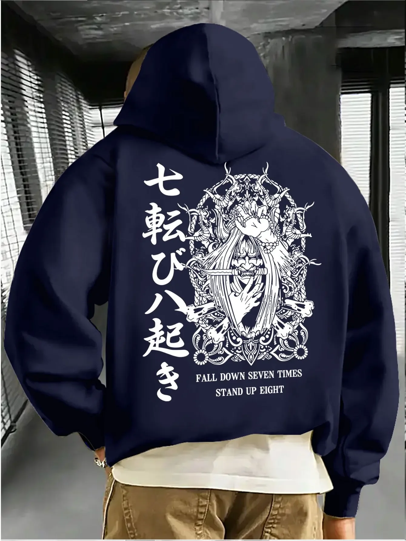 Japanese Samurai Back Print Hoodie Fall Down Seven Times Stand Up Eight Proverb Graphic Pullover Unisex Oversized Hoodie For Men
