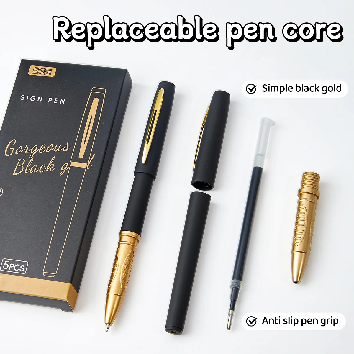 ブラックとゴールドのゲルペン 5 本パック - 0.5mm/0.7mm/1.0mm の細いペン先、大容量、オフィスに最適