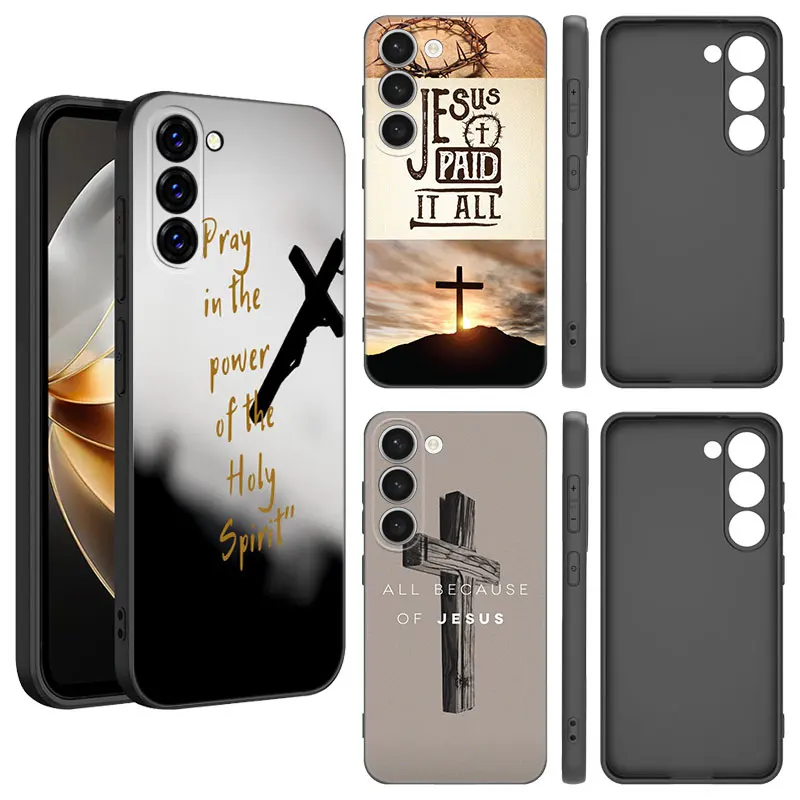 Cross Christian Bible Quotes Black Silicone Phone Case For Samsung Galaxy S23 S21 S20 FE S24 S22 Ultra S10E S10 S9 S8 Plus