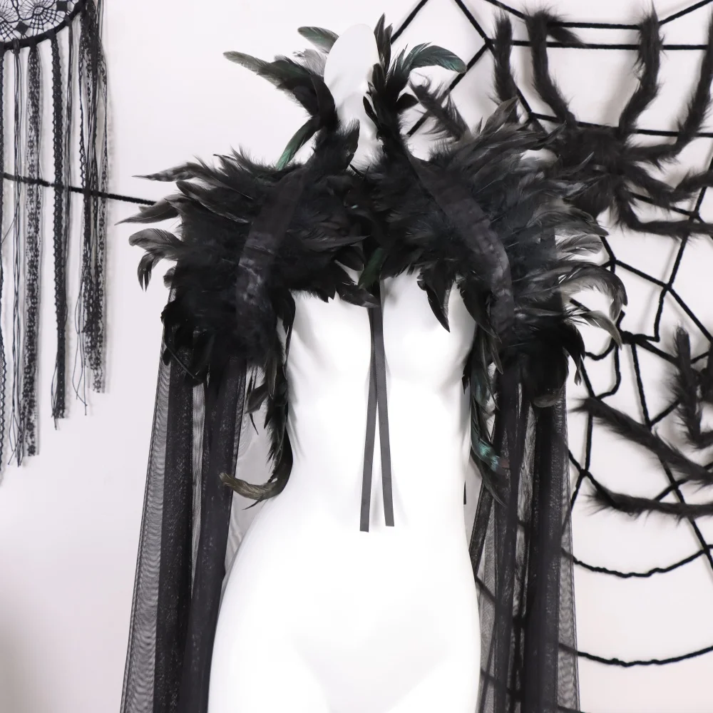 

2 шт., темное платье с искусственными перьями в готическом стиле, шаль, Хэллоуин, Рождественская вечеринка, ролевая игра, карнавальный костюм, реквизит