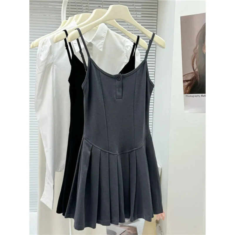 

Fishbone Line Tight-fitting Halter Dress Plump Girl Solid A-line Dress with European American Style Pleated Short Skirt Fashion