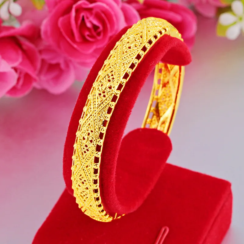 24k Real Gold Color Hollow Women\'s Bracelet Color-fastening Bohemian Style Yellow Gold Link Chain Bracelets Wedding Jewelry Gift