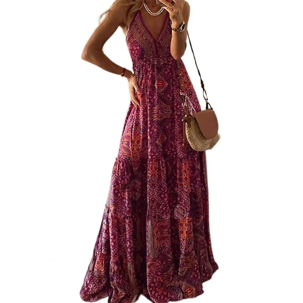 Vestido Boho com Estampa Floral e Decote em V, Vestido Maxi de Verão com Estilo Doce, Cintura Elástica e Sem Mangas
