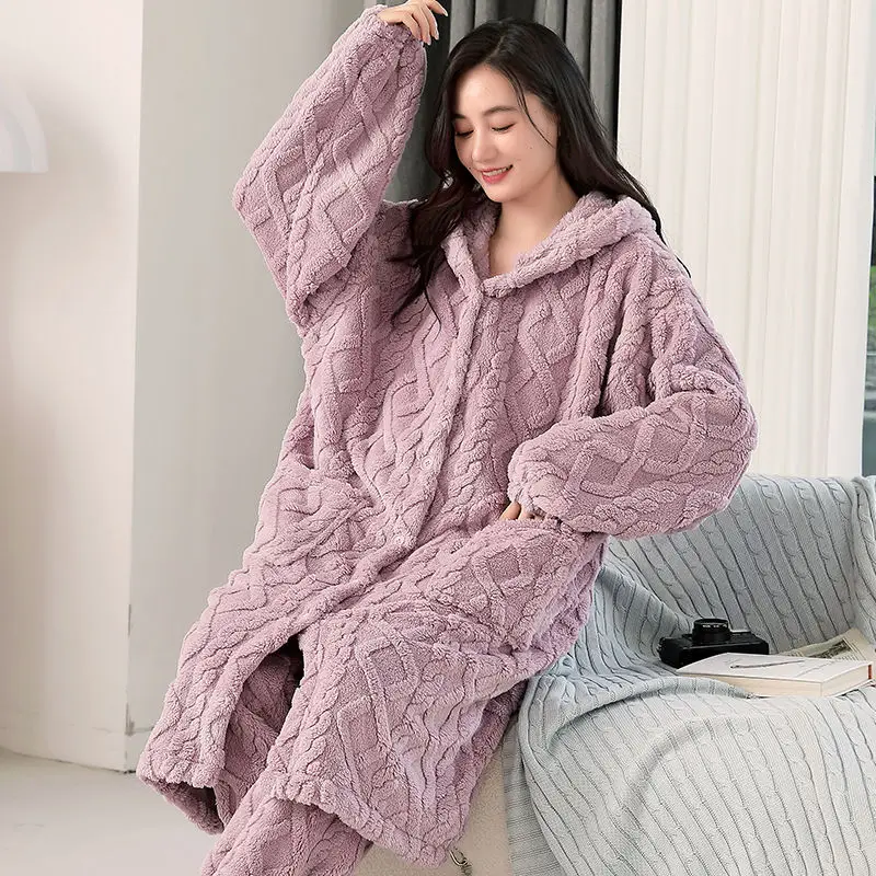 

Женские утепленные пижамы кораллового цвета с длинными рукавами, женский зимний комплект домашней одежды, милый комплект одежды для сна с капюшоном, модный удобный TS479