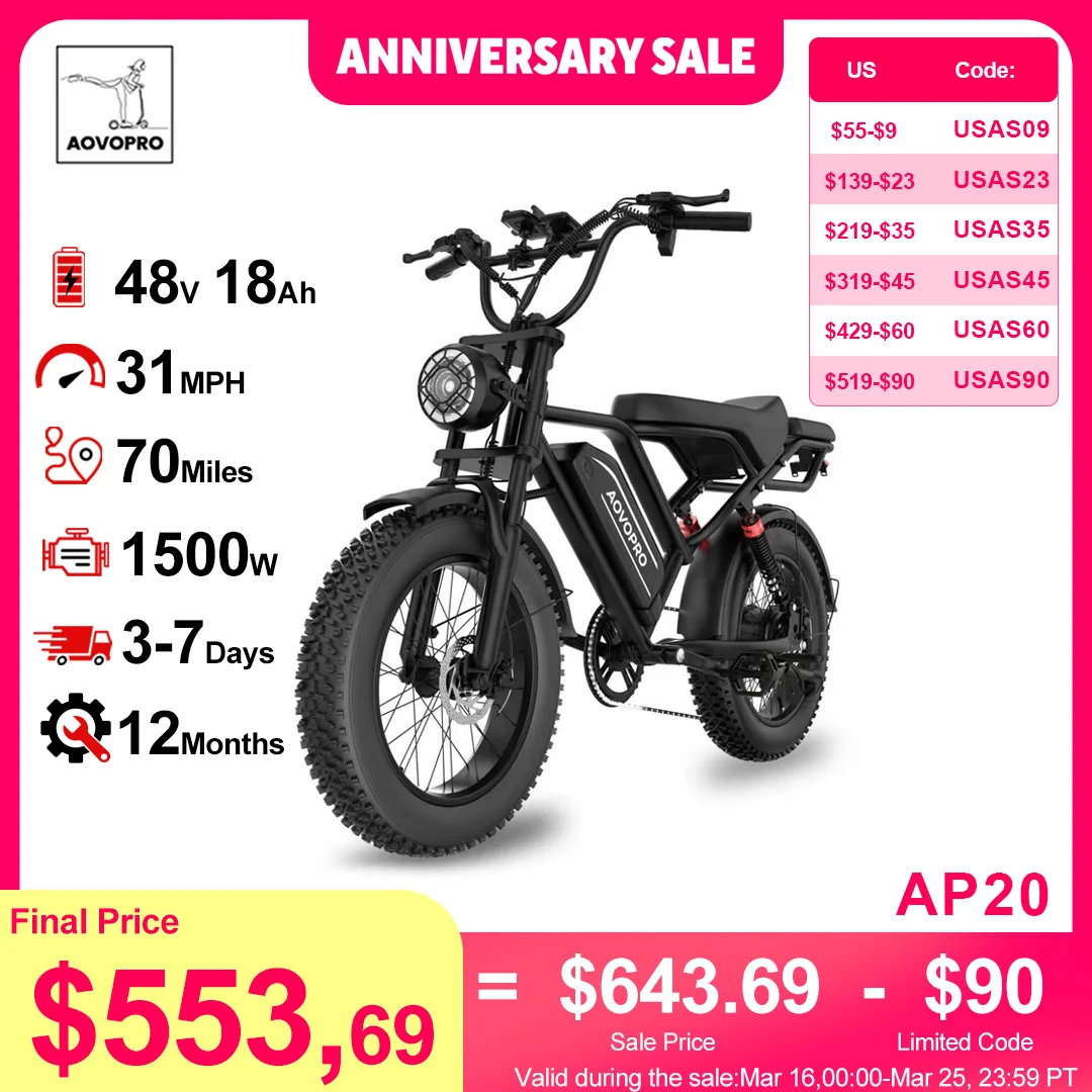 

AOVOPRO AP20 Electric Bike 1500W 20" Fat Tire 31mph Top Speed 70 Miles Range for Road Sand Mountain Snow Electric Motorcycle