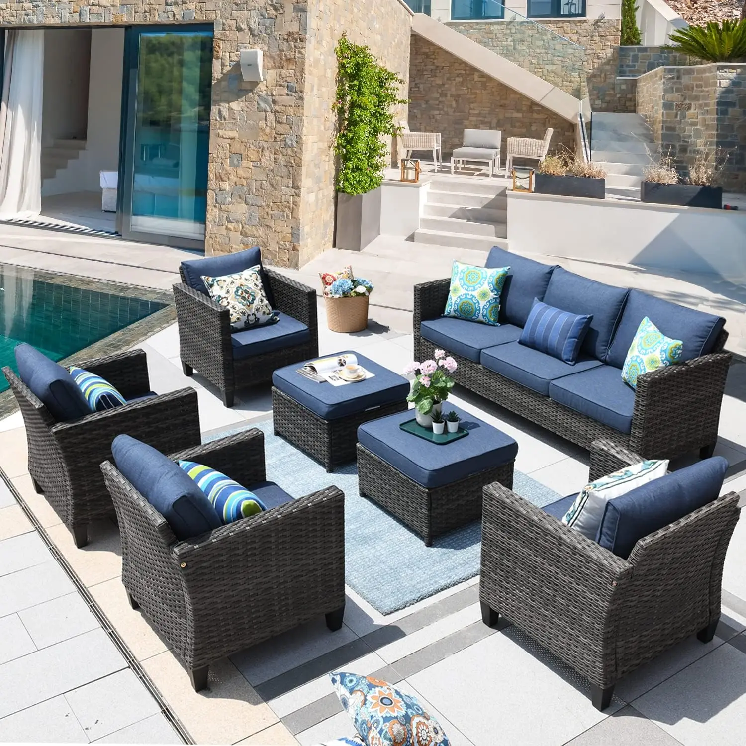 

Patio Furniture Set, 7 Pieces Outdoor Wicker Rattan Sofa Couch w/4 Chairs, Ottomans & Comfy Cushions, High Back Conversation Set