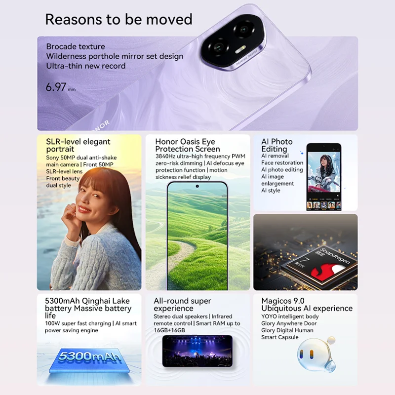 Original Honor 300 teléfono móvil 50.0MP cámara Snapdragon 7 Gen 3 Android 15,0 OTA 6,7 "AMOLED 120HZ 100W carga 5300mAh batería