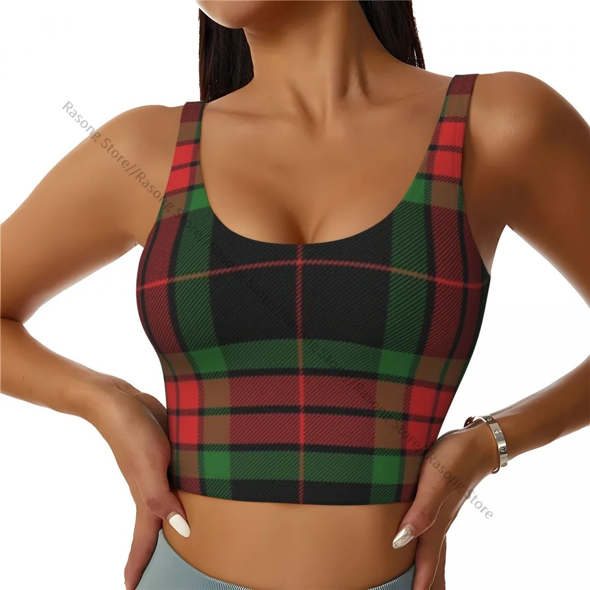 Yoga Vest Women Gym Sports Crop Tops Christmas Plaid Scottish Pattern Streetwear Workout Breathable Tank Top Female