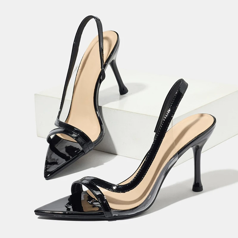 

Summer Fashion PVC Transparent Back Strap High Heel Sandals Women Sexy Black Pointed Toe Designer Shoes Elegant Party Dress Shoe
