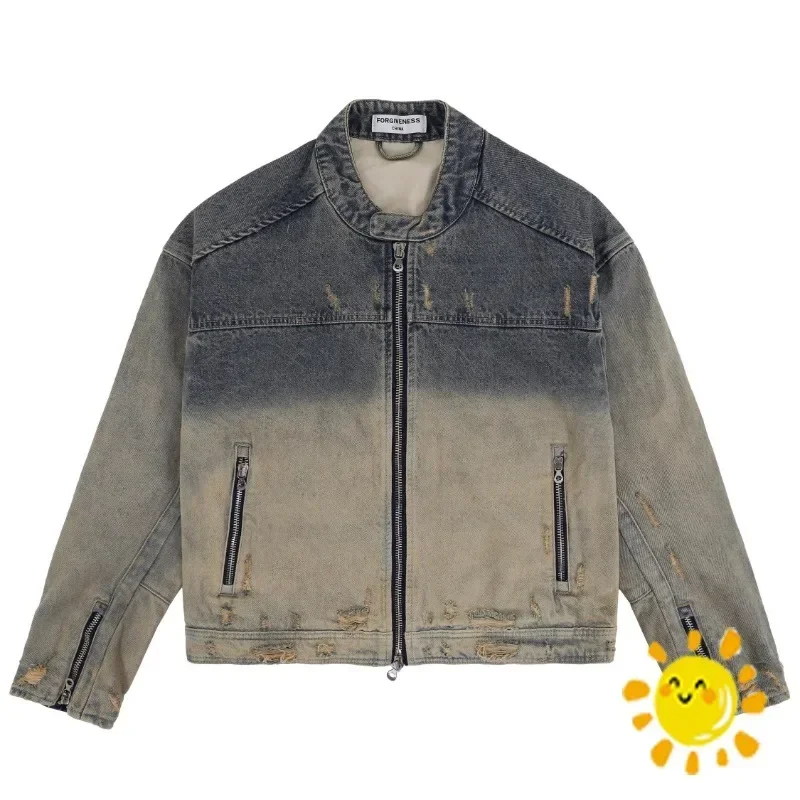 

Top Quality Tie-dyed Patchwork Denim Jeans Zipper Jacket Men Women Denim Vintage Clothing Coat