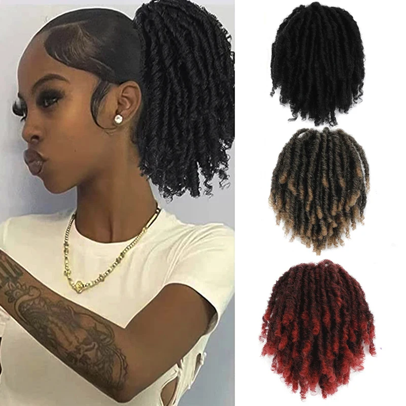 Rambut Gimbal Sintetis Rambut Afro Puff Chignon Keriting Roti Serut Ekor Kuda Palsu Nu Locs Klip Rambut Ekor Kuda untuk WANITA HITAM