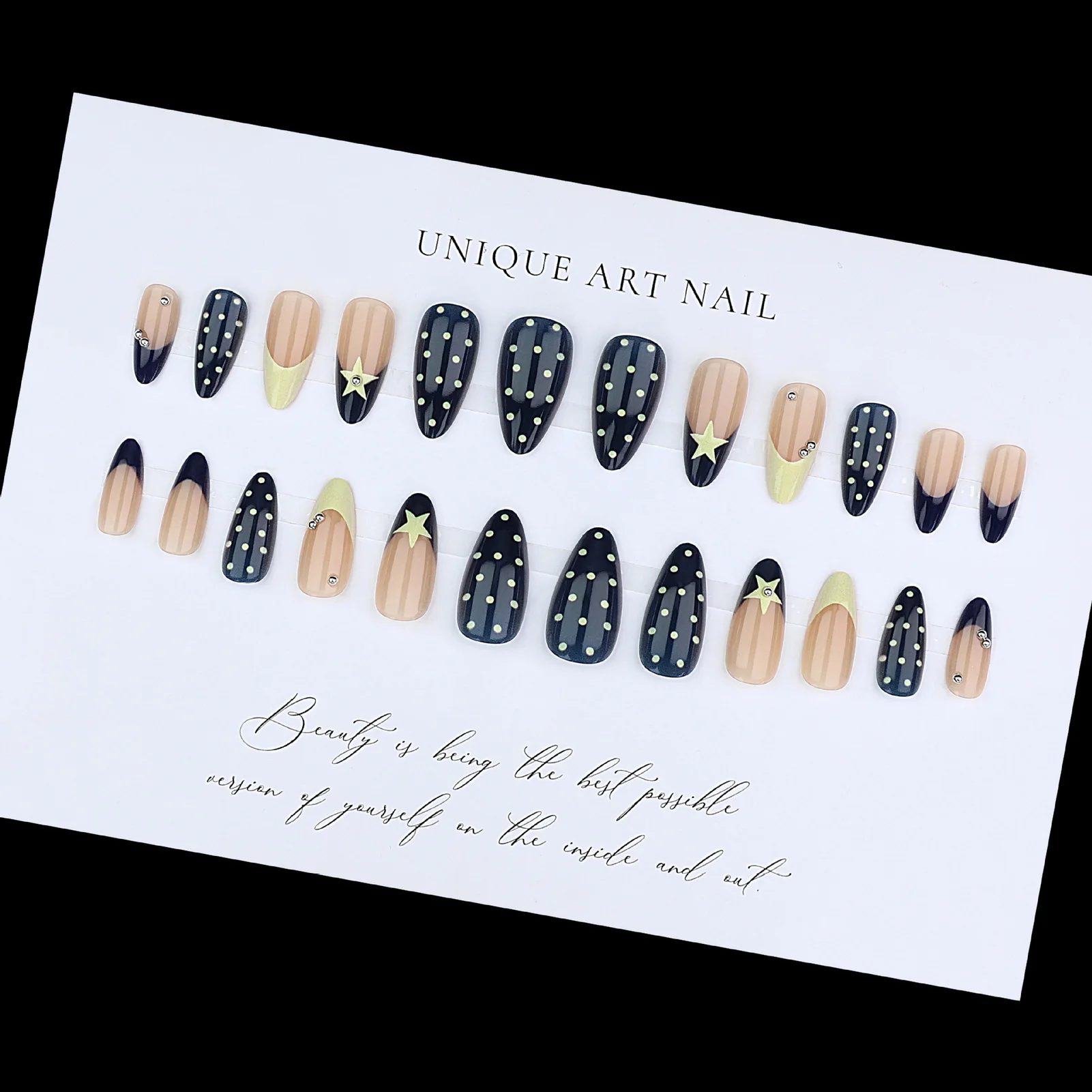 24 Stück französische künstliche Nägel mit Sternenmuster, blau, gelb, bunt, gepunktet, zum Aufdrücken auf die Nägel, Nagelspitzen, künstliche Nägel, tragbare künstliche Nägel – Detail 2