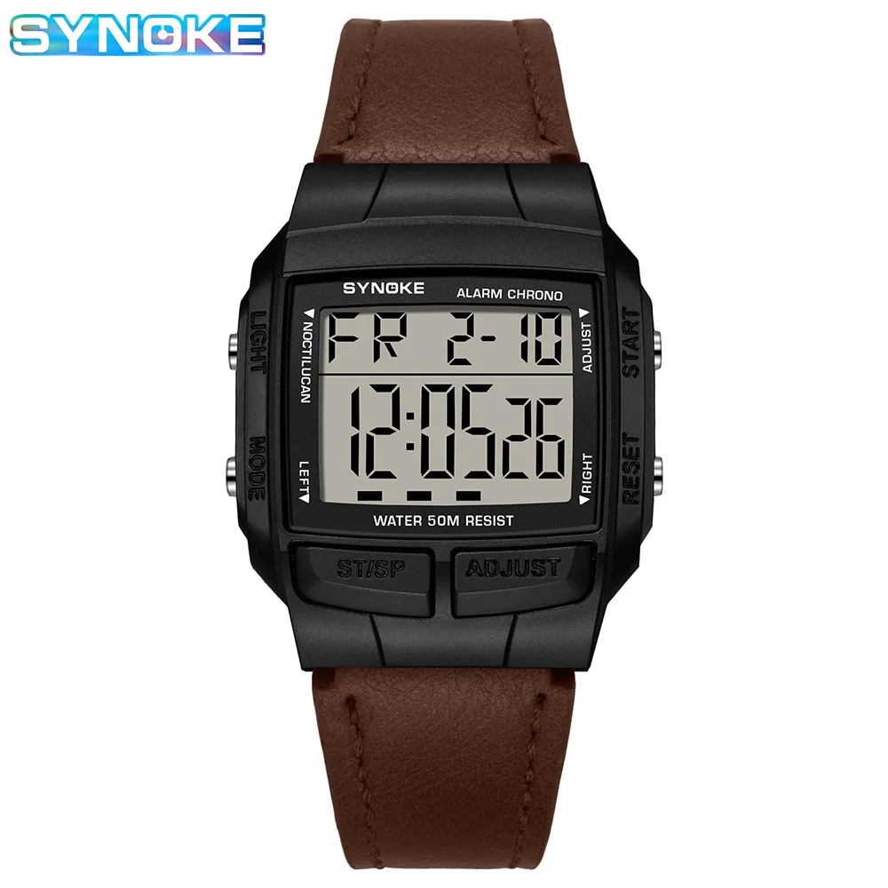 SYNOKE Multifunctional Waterproof  Luminous LED Digital Watch PU Leather For Men Retro Fashion Belt Watch Men Outdoor Sports