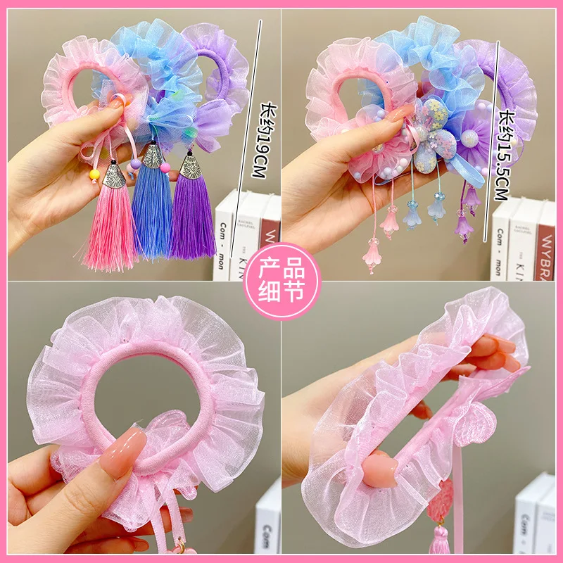 Girls\' Chinese Style Meatball Scrunchies Baby\'s High Beauty Tassel Hair Rope Children\'s Hanfu Headband Headwear