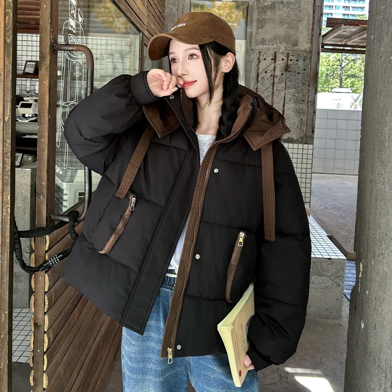 Chaqueta con capucha de invierno de retales de Color contrastante coreano para Mujer, Parkas cortas hinchadas que combinan con todo, abrigo de algodón cálido a prueba de viento para Mujer